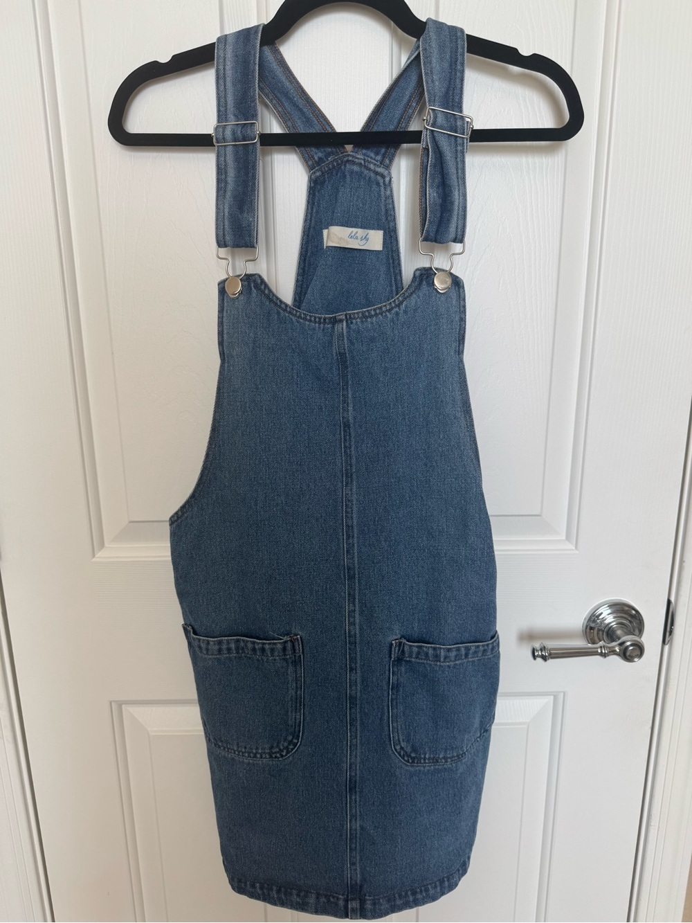 Lela Sky Women’s Blue Denim Overall Dress with Front Pockets Medium